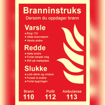 Etterlysende brannsskilt med tekst for Brannisntruks